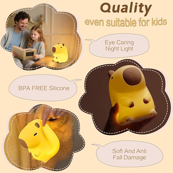 Capybara Night Light, Cute Squishy Lamp Capybara Gifts, Rechargeable Dimmable Animal Silicone Nightlight, Kids LED Capybaras Light, Light Up Capybaras Toy Stuff, Boys Girls Room Dorm Décor