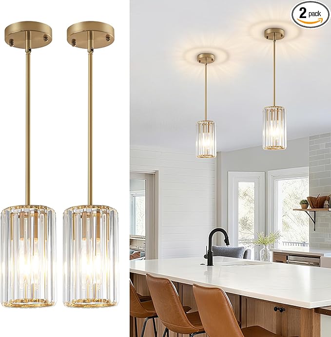 Gold Modern Crystal Pendant Lights Hanging Light Fixture, 2 Pack Pendant Lights Kitchen Island Adjustable Mini Pendant Lighting Fixtures for Kitchen Island Dining Room Hallway Bedroom