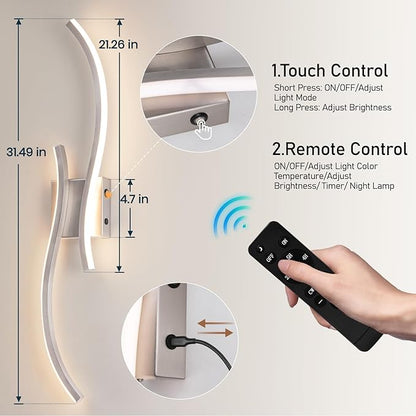 Battery Operated Wall Sconces Set of 2, Rechargeable Dimmable Battery Wall Light with Remote Control, Brushed Nickel LED Wireless Wall Light for Living Room Bedroom Hallway，31.5inch (Brushed Nickel)