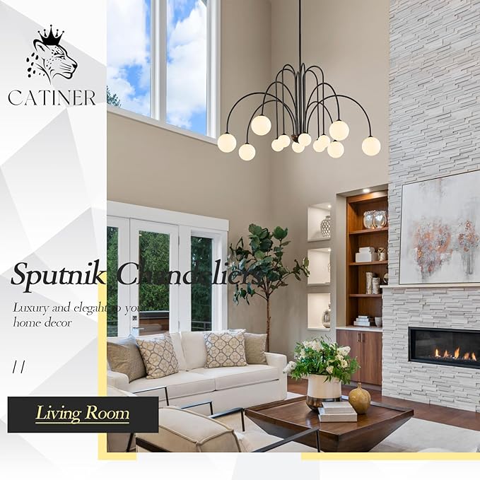 CATINER Black Sputnik Chandeliers 12 Lights Modern Chandelier for High Ceiling Large L52”Mid Century Ceiling Pendant Light Fixtures with Milk Glass Globe Shades for Living Dining Room Foyer Staircase
