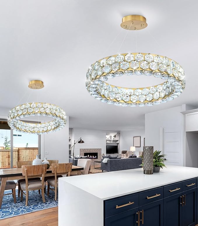 Modern Crystal Chandelier Ring Chandeliers for Dining Room Living Room Round LED Dimmable Ceiling Light Fixture for Bedroom Hallway Foyer Gold