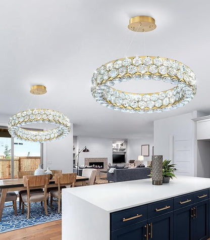 Modern Crystal Chandelier Ring Chandeliers for Dining Room Living Room Round LED Dimmable Ceiling Light Fixture for Bedroom Hallway Foyer Gold