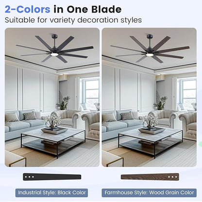 Newday 72 Inch Black Ceiling Fan with Light and Remote, Indoor/Outdoor Silent Reversible DC Motor, 6 Speeds, 3CCT, Timer, 8 Blades, 3 Downrods for Living Room, Patio, Garage