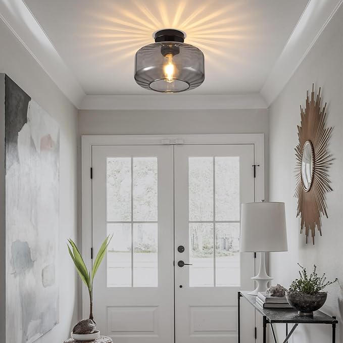 Glass Semi Flush Mount Ceiling Light, Modern Close to Ceiling Light Fixtures with Smoke Grey Glass Shade, Light Fixtures Ceiling Mount for Bathroom Dining Room Bedroom Living Room Hallway, E26 Base