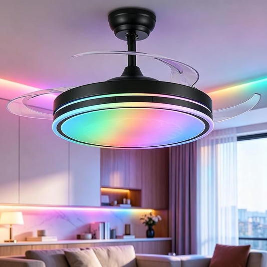 36" RGB Fandelier Light, Bluetooth Black Modern Ceiling Fan - 6 Speed Silent Reversible Blade, Remote/APP Control, Dimmable LED for Dining Living Room, Bedroom Kitchen