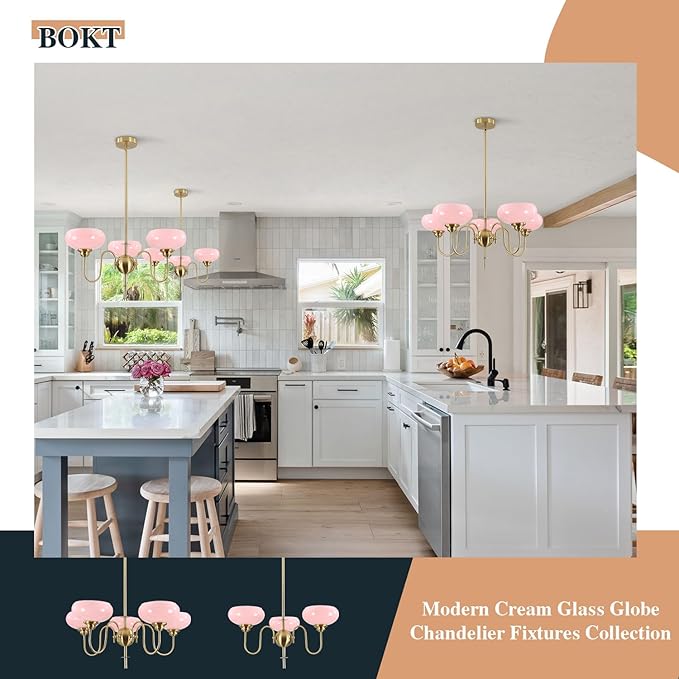 BOKT Pink Sputnik Chandelier Gold 5-Lights Semi Flush Mount Ceiling Light Pink Globe Chandelier Pendant Lighting Vintage Large Pendant Light Farmhouse Industrial Hanging Ceiling Light