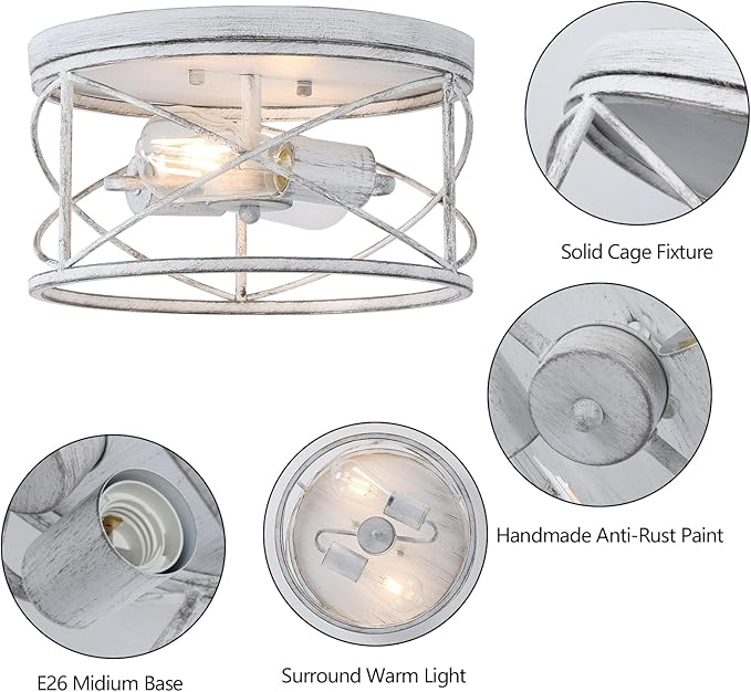 2-Light Flush Mount Distressed White Ceiling Light Fixture, Farmhouse Vintage Industrial Metal Cage, Dimmable for Hallway Kitchen Bedroom Living Room Laundry Utility Room Bathroom Entryway