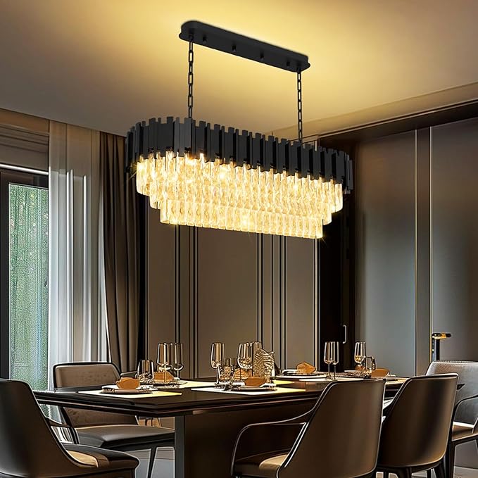 40" Black Rectangular Crystal Chandelier for Dining Room, 10-Light Luxury Crystal Raindrop Chandeliers, Adjustable Height Chandelier for Staircase, Living Room, Foyer