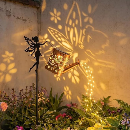 Solar Garden Outdoor Decorative, Watering Can with Layered Lighting, Featuring Metal Silhouette Garden Stake, Mother's Gift for Women, Waterproof Garden Decor (Fairy)
