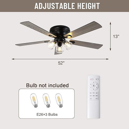 52" Flush Mount Ceiling Fan with Lights and Remote Control,Industrial Farmhouse Ceiling Fan,Reversible Quiet Motor,5 Wood Blades,3 Clear Glass Lights for Bedroom Living Room Kitchen
