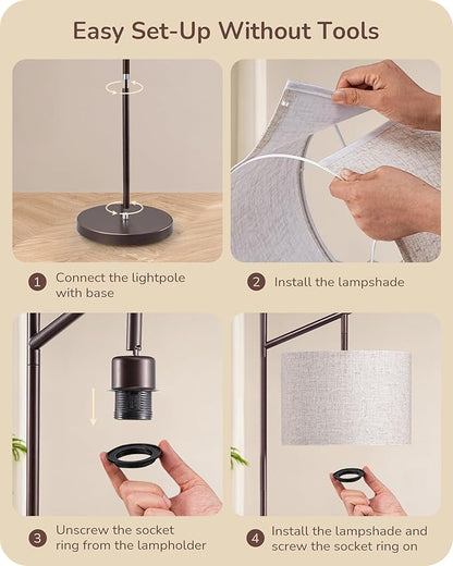EDISHINE 64.7" Modern Minimalist Floor Lamps for Living Room with 3 Color Temperatures Bulb & Adjustable Linen Shade, Foot Pedal Switch, Tall Standing Lamp for Bedroom Office, Brown