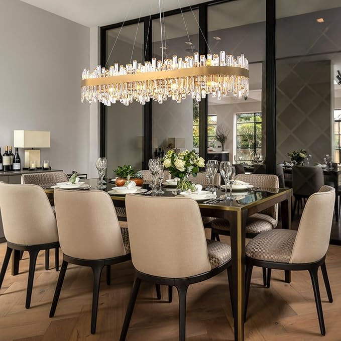 L52'' Modern Crystal Chandelier for Dining Room, 20-Light Gold Rectangular 2-Tiers K9 Crystal Raindrop Chandelier Flush Mount Pendant Ceiling Light for Dining Living Room Kitchen Island