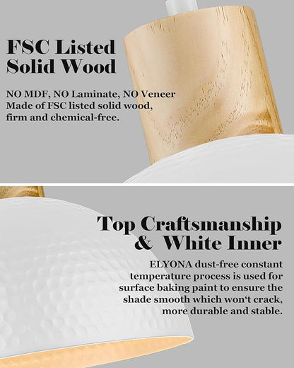 ELYONA 12" Hammered Pendant Light, Metal Dome Hanging Lamp Modern Solid Wood Pendant Light Fixtures for Kitchen Island, Farmhouse, Dining Room, Sink, Bedroom, Hallway, Nordic White