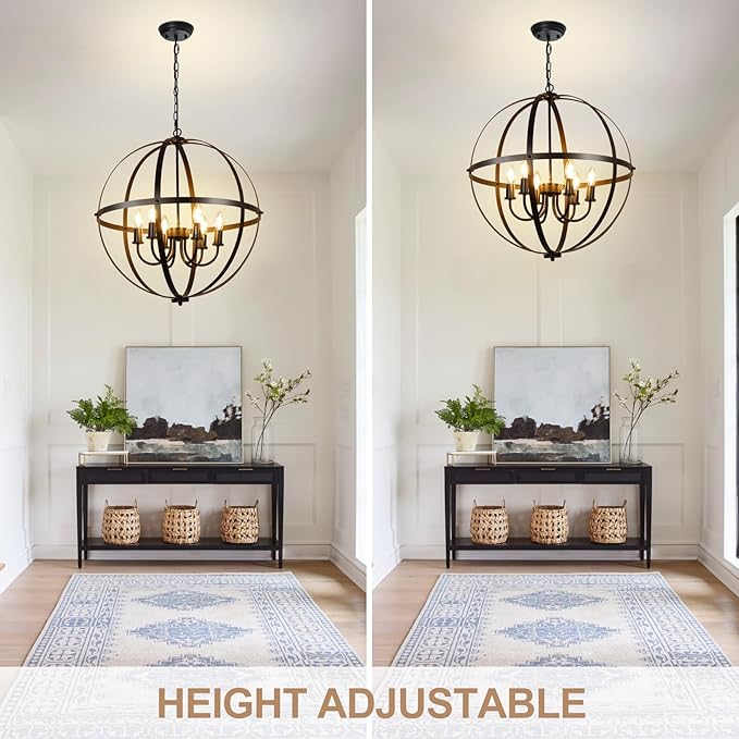 DLLT 6-Light Orb Chandelier, Black Globe Pendant Light Fixtures, Industrial Sphere Pendant Lighting Over Island, Adjustable Hanging Light with Metal Cage for Dining Room, Foyer, E12 Bulbs Not Included