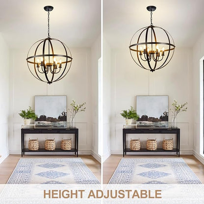 DLLT 6-Light Orb Chandelier, Black Globe Pendant Light Fixtures, Industrial Sphere Pendant Lighting Over Island, Adjustable Hanging Light with Metal Cage for Dining Room, Foyer, E12 Bulbs Not Included