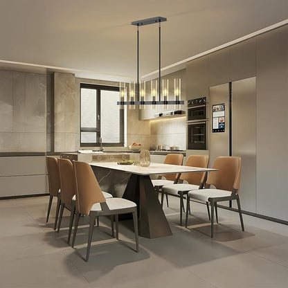 Island Lights for Kitchen,6-Light Modern Farmhouse Chandeliers for Dining Room,Large Linear Pendant Light Fixtures,Adjustable Height Hanging Dining Room Chandelier Over Table,Clear Glass Shade