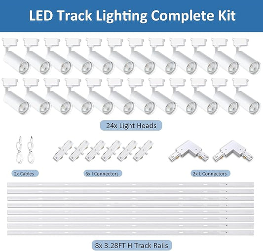 Ultra-Bright H Type White Track Lighting Kit with 26.2 FT Track Rails, 24 Heads 4000K Natural White 20W 2400lm, Dimmable Plug in LED Track Lights for Store, Moblie Cart and Office