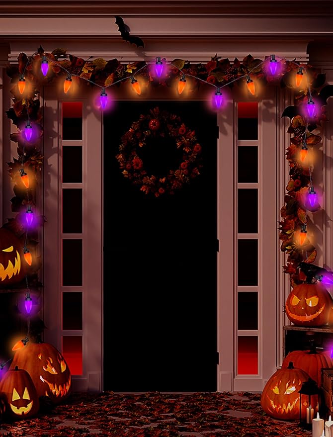 Abeja Halloween String Lights Outdoor, 26Ft C7 Purple and Orange String Lights with 50 LED Purple/Orange Ligths for Indoor/Outdoor Use, Halloween Decorations for Patio Home Party Garden Yard