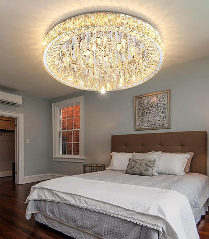 23.6" Modern Crystal Chandeliers LED Dimmable Flush Mount Ceiling Chandeliers for Living Room Entrance Foyer Bedroom Silver