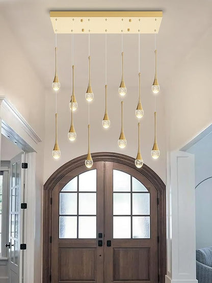 ykolupty 14-Light Modern LED Pendant Lighting Fixture for Kitchen Island Raindrop Crystal Chandelier Gold Chandelier for Dining Room High Ceiling Chandeliers for Staircase Foyer Hallway Villa