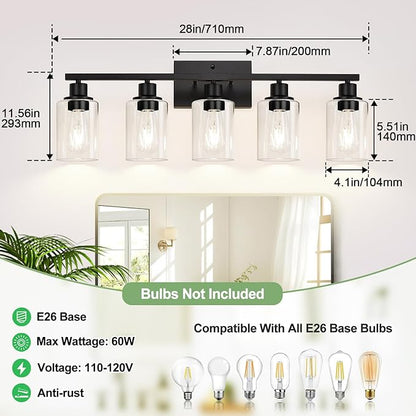 Indoi 5-Light Bathroom Light Fixtures, Matte Black Modern Vanity Lights with Clear Glass Shades, Bathroom Vanity Light for Mirror Living Room Cabinet Bedroom Porch