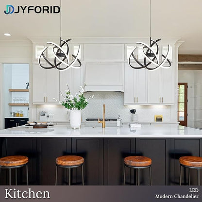 Black Modern Sputnik Chandelier with Remote Control, 44W 3-Color Temperature Dimmable LED Chandelier for Dining Room, Hanging Adjustable Pendant Light for Living Room Kitchen Foyer Entryway