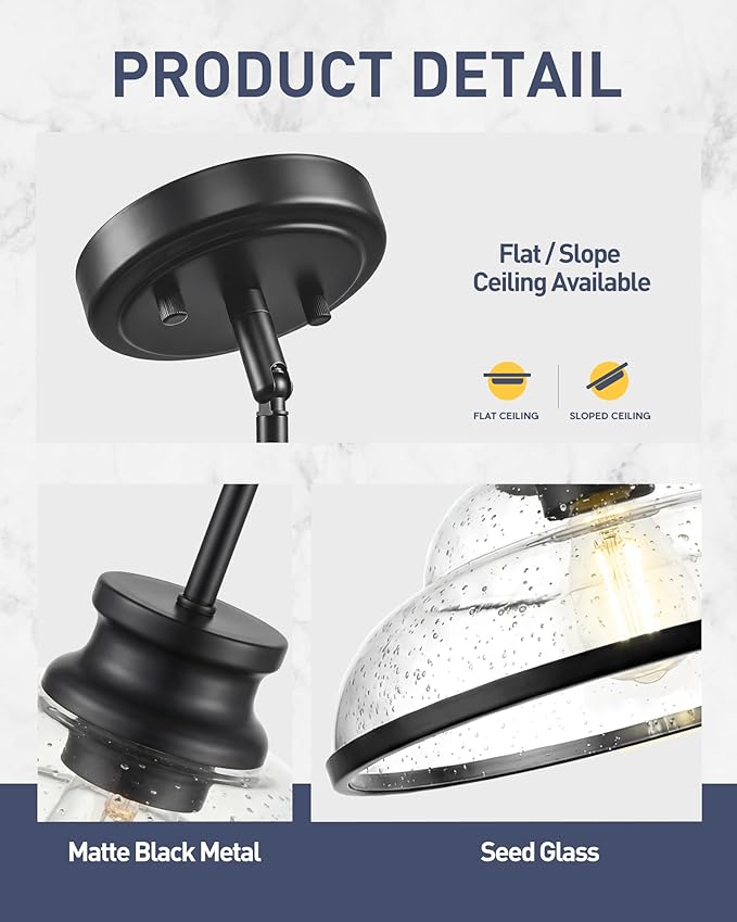 kudos Pendant Lights Kitchen Island, 11" Black Pendant Lights with Seeded Glass Shade, Farmhouse Large Pendant Light fixtures for Kitchen Sink Dining Room Hallways, KDPL14-BK