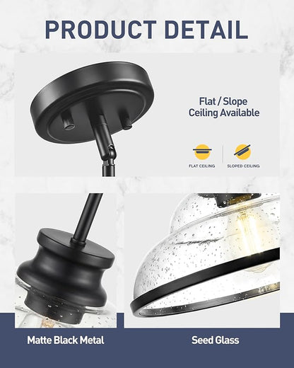 kudos Pendant Lights Kitchen Island, 11" Black Pendant Lights with Seeded Glass Shade, Farmhouse Large Pendant Light fixtures for Kitchen Sink Dining Room Hallways, KDPL14-BK