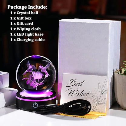 YWHL 3D Hummingbird Crystal Ball Figurine with LED Base, Hummingbird Gifts for Women Men on Birthday Christmas, Glass Decorative Hummingbirds with Rose Ball Night Light for Home Decor (80mm)