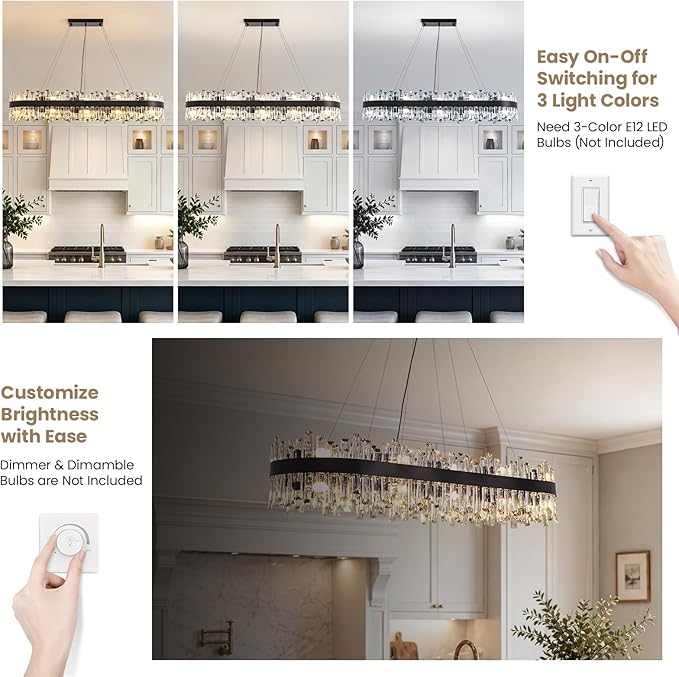 Large Rectangular Crystal Chandelier for Dining Room, 20-Light Modern 2-Tiers Oval Flush Mount Pendant Ceiling Light Fixture for Living Room Kitchen Island Bar 52 Inches