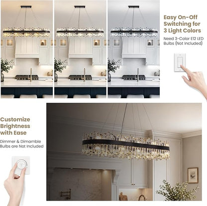 Large Rectangular Crystal Chandelier for Dining Room, 20-Light Modern 2-Tiers Oval Flush Mount Pendant Ceiling Light Fixture for Living Room Kitchen Island Bar 52 Inches