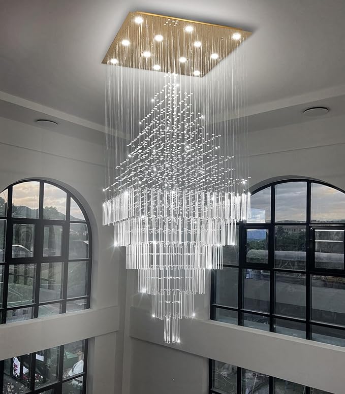 HAIXIANG W32 x H120 Glam Chandelier with LED Bulbs Square Chandeliers, Crystal Raindrop High Ceiling Pendant Light for Entrance Large Villa Foyer Lighting Fixtures Gold