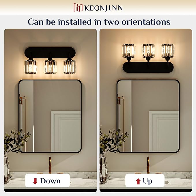 Keonjinn 3-Light Bathroom Light Fixtures, Crystal Black Bathroom Vanity Lights Over Mirror, Vanity Lighting Fixtures with Crystal Square Shades for Mirror, Modern Decor (E26 Base, Exclude Bulb)
