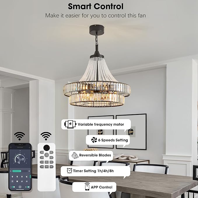 24“ Farmhouse Crystal Chandelier Ceiling Fan with Lights, Remote & App Control, 6-Speed Reversible Large Fandelier, Double Layer Design for Bedroom, Living Room (Black)
