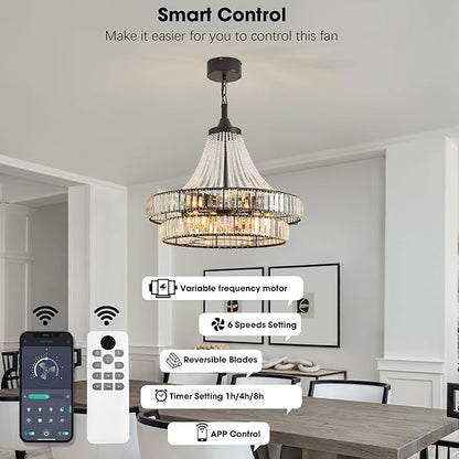 24“ Farmhouse Crystal Chandelier Ceiling Fan with Lights, Remote & App Control, 6-Speed Reversible Large Fandelier, Double Layer Design for Bedroom, Living Room (Black)