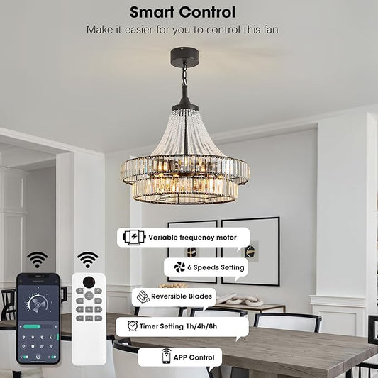 24“ Farmhouse Crystal Chandelier Ceiling Fan with Lights, Remote & App Control, 6-Speed Reversible Large Fandelier, Double Layer Design for Bedroom, Living Room (Black)