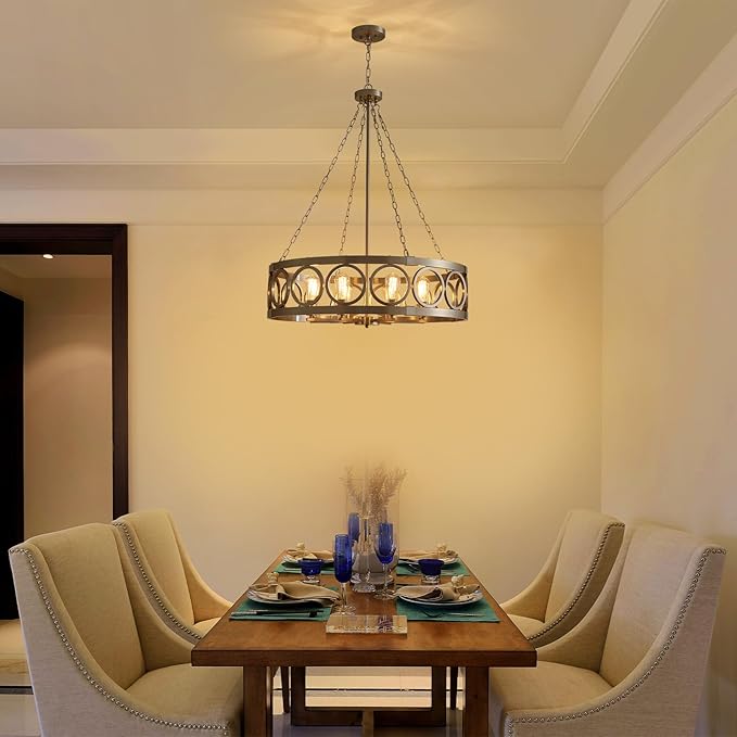 XINGQI 32.3" Large Brushed Nickel Drum Chandelier Modern 8-Light Rustic Farmhouse Round Pendant Lighting Fixture for Dining Room Living Room Office Kitchen Island