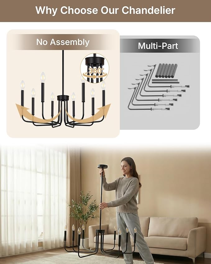 Yunnix 8 Light Black Chandelier for Dining Room Light Fixture, Modern Farmhouse Chandelier Candle for Bedroom, Entryway, Foyer, Staircase, Kitchen and Living Room