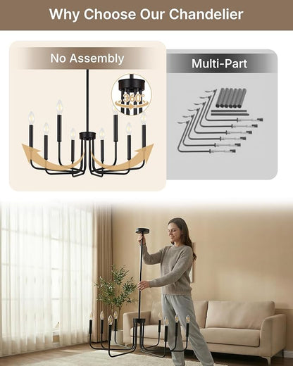 Yunnix 8 Light Black Chandelier for Dining Room Light Fixture, Modern Farmhouse Chandelier Candle for Bedroom, Entryway, Foyer, Staircase, Kitchen and Living Room