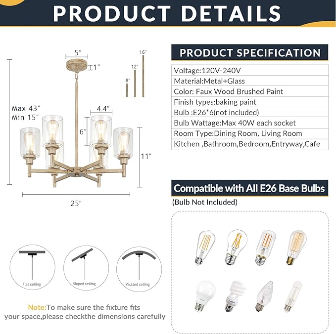 6 Light Farmhouse Chandeliers for Dining Room | Rustic Dining Room Light Fixtures Over Table | Fake Wood Hanging Lighting with Clear Glass Cover for Living Room | Kitchen Island | Entryway | Bathroom