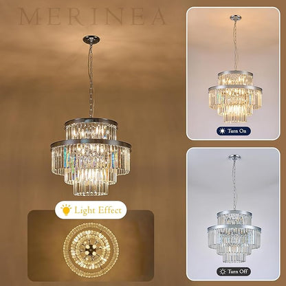 22" Modern Crystal Chandeliers 15 Lights Chrome Ceiling Pendant Light 4-Tier Luxury Round K9 Crystal Light Fixture for Living Room Dining Room Bedroom Kitchen Foyer
