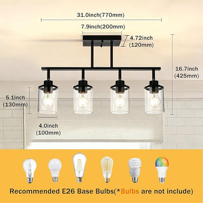 Yaohong 4-Light Black Farmhouse Track Lighting Fixtures Ceiling, Bathroom Track Lighting Kit Wall Light with Ajustable Heads, Kitchen Track Lighting Fixtures with Glass Shade for Hallway Shop