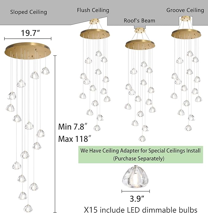 HAIXIANG LED Glam Chandelier 118 inches Long Light Luxury Crystal Ceiling Chandeliers Remote Dimmable High Ceiling Pendants Lighting Fixtures Antique Gold 15 Lights