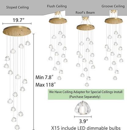 HAIXIANG LED Glam Chandelier 118 inches Long Light Luxury Crystal Ceiling Chandeliers Remote Dimmable High Ceiling Pendants Lighting Fixtures Antique Gold 15 Lights