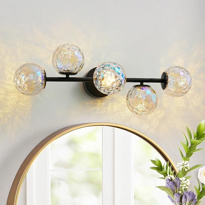 Black LED Bathroom Vanity Light: 5-Light Stained Hammered Glass Colorful Globe Vanity Light Fixtures - Unique Mid Century Modern Dimmable Wall Lights For Bedroom Bath Room Makeup Living Room Fireplace