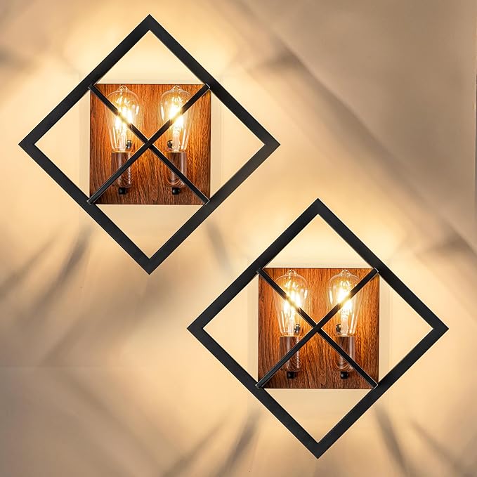 Farmhouse Wall Sconce with Black Finish & Wood Grain, Set of 2 Rustic Wall Sconces Indoor Wall Light Fixtures 17.8in for Stairway, Living Room, Bedroom, Bathroom (2 Light,E26 Base, No Bulbs)