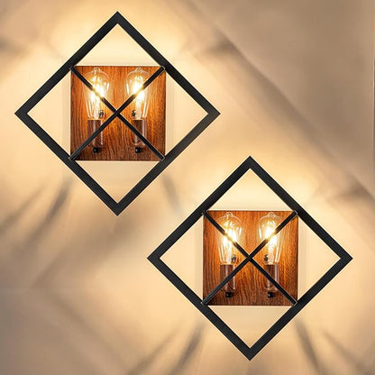 Farmhouse Wall Sconce with Black Finish & Wood Grain, Set of 2 Rustic Wall Sconces Indoor Wall Light Fixtures 17.8in for Stairway, Living Room, Bedroom, Bathroom (2 Light,E26 Base, No Bulbs)