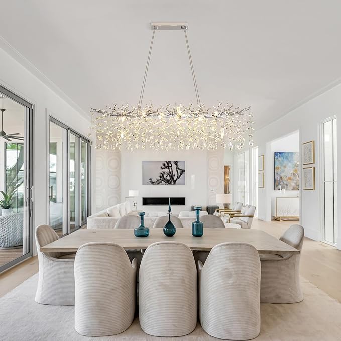 Modern Crystal Tree Branches Chandelier, 47.5in Silver 14 Lights Large Ceiling Hanging Light for Dining Room, Rectangle Raindrop Pendant Light Fixture