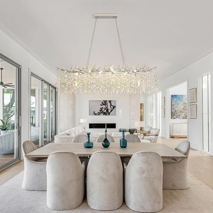 Modern Crystal Tree Branches Chandelier, 47.5in Silver 14 Lights Large Ceiling Hanging Light for Dining Room, Rectangle Raindrop Pendant Light Fixture