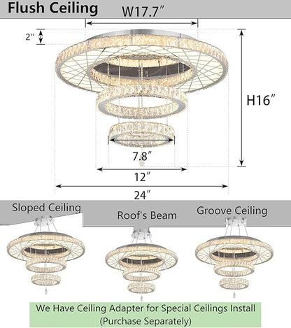 HAIXIANG Crystal Glam Chandelier LED Ceiling Light Dining Bedroom Interior Lighting Fixtures Remote Dimmable Ceiling Chandeliers 24 Inches Silver Light